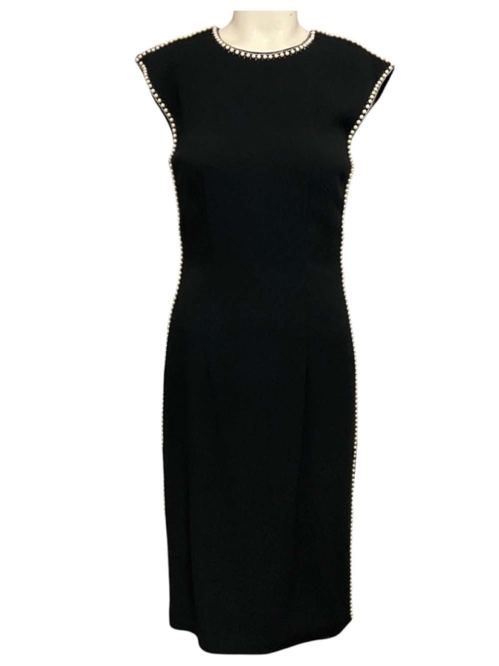 ELIZABETH KENNEDY BLACK PEARL EMBELLISHED CREPE MIDI COCKTAIL DRESS